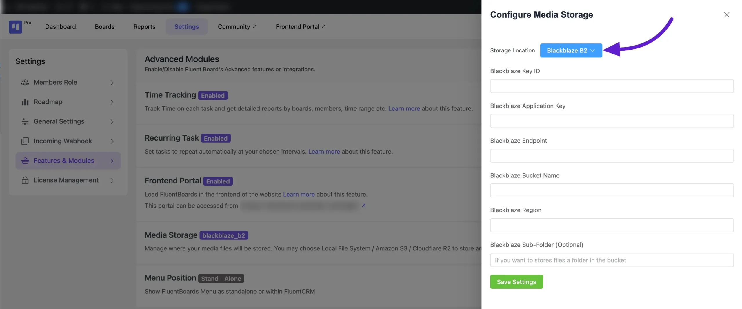 fluentboards backblaze settings 1